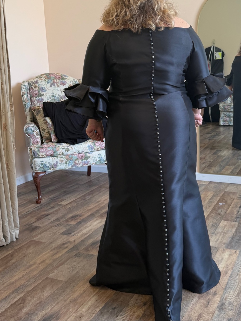 Black Ruffle-Sleeve Evening Dress
